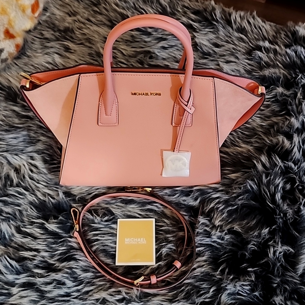 Brand New MK Avril LG Top Zip Satchel Shoulder Crossbody Pink Rose Suede&Leather